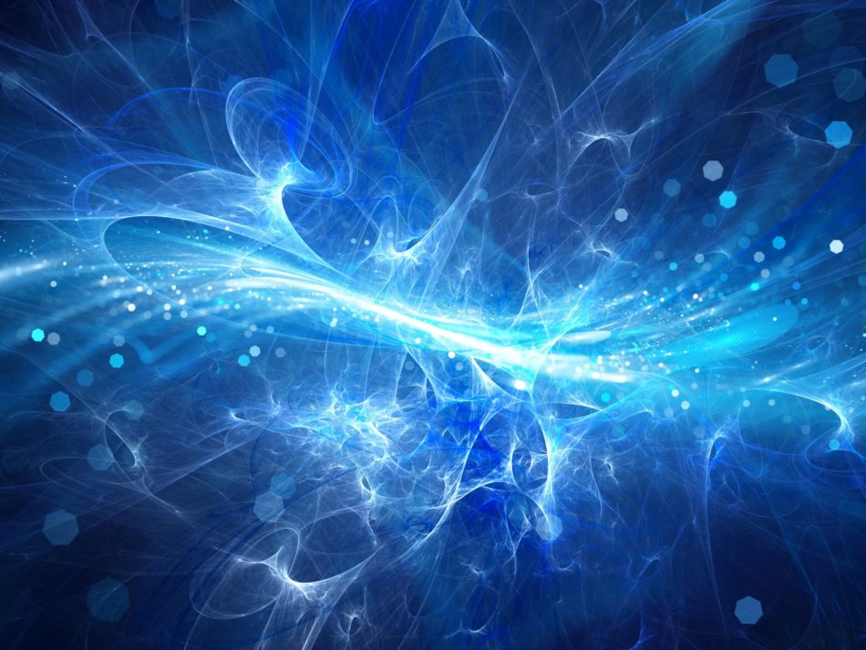 Blau leuchtendes Plasmafeld im Weltraum, strömende Energie, weiß, blau