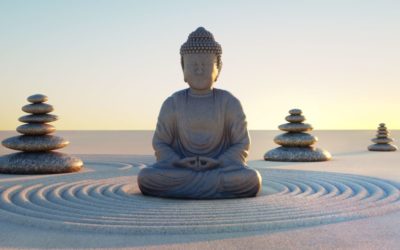 Buddha in Abendstimmung, runde Steine, Kreise im Sand, Meditation, Steinfigur -- Vorschaubild