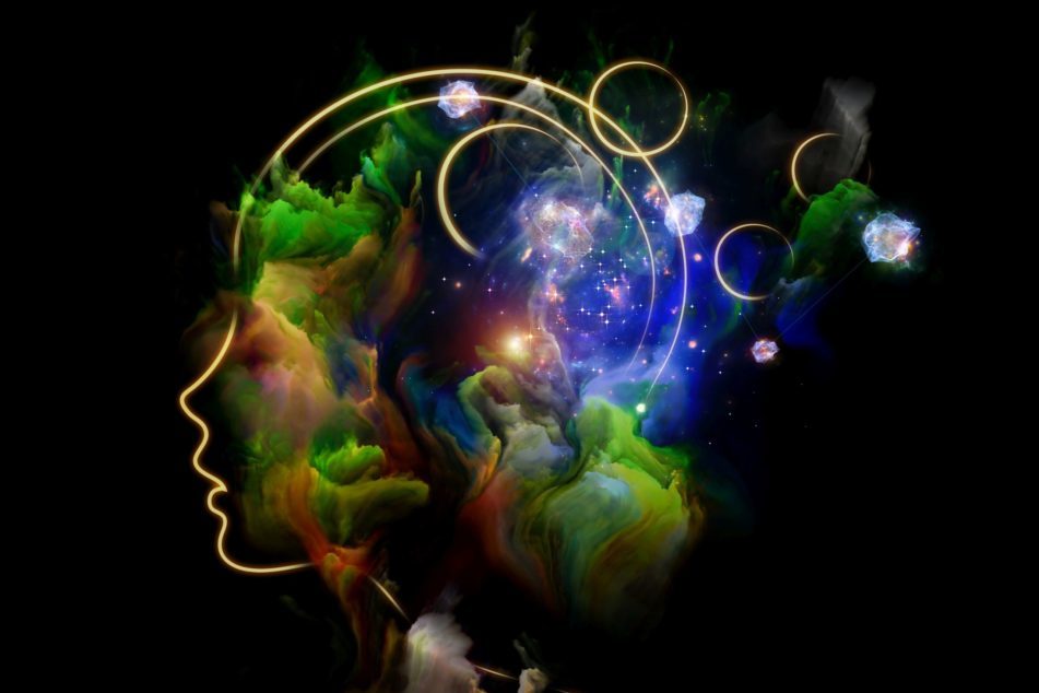 Spiritualität, Shiva, Bewusstsein, Kopf, Silhuette, bunte Energienebel, Galaxien, Sterne, schwarz, rot, blau, grün, gelb, weiß -- Vorschaubild