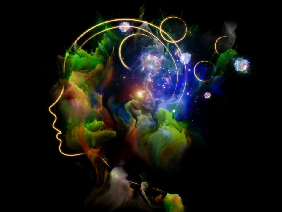 Energy Of Human Mind Spiritualität, Shiva, Bewusstsein, Kopf, Silhuette, bunte Energienebel, Galaxien, Sterne, schwarz, rot, blau, grün, gelb, weiß