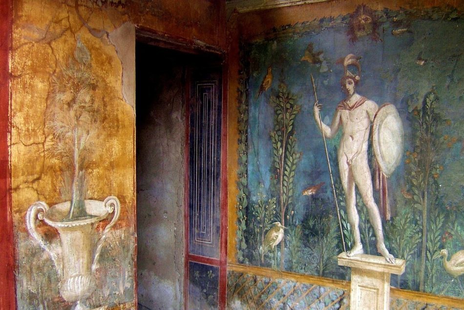 italien, pompeji, antike, römische geschichte, fresko, natur, nackter krieger, vögel, pflanzen