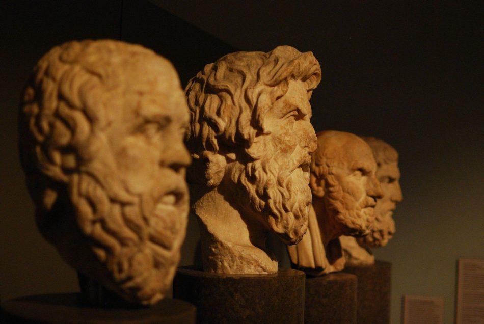 Büsten Philosophen, Plato, Aristoteles, Museum, Licht, Kontrast, Stein, sepia