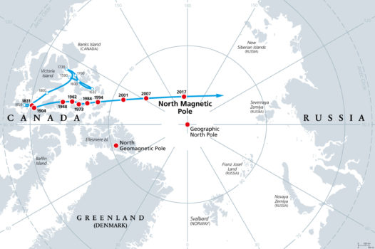 Erdmagnetfeld, Bewegung des magnetischen Nordpols, graue Karte