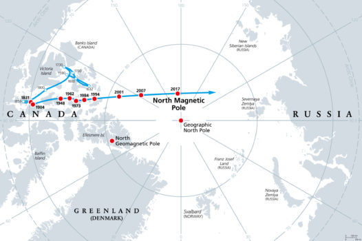 Movement Of North Magnetic Pole Gray Map Erdmagnetfeld, Bewegung des magnetischen Nordpols, graue Karte