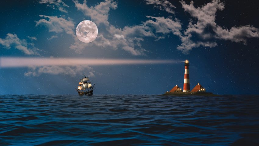 Energetisches Feng Shui, Yang-Wasser-Tiger, Meer, Nacht, Segelboote, Leuchtturm, Wellen, Wolken, Mond, blau, weiß, rot