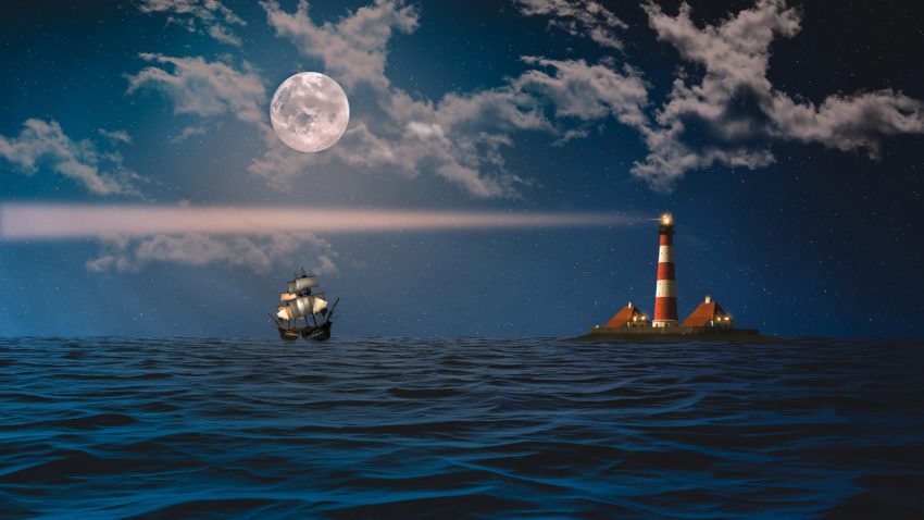 Sea G3a3dcf4b3 1920 Energetisches Feng Shui, Yang-Wasser-Tiger, Meer, Nacht, Segelboote, Leuchtturm, Wellen, Wolken, Mond, blau, weiß, rot