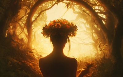 Energetisches Feng Shui, Beltane, Frau mit Blumenkranz auf dem Kopf, mystischer Wald, Lichtung, Sonnenlicht, gelb, ocker, braun