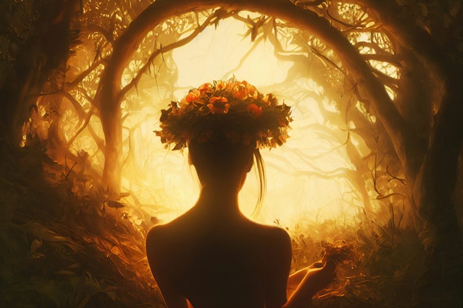 Energetisches Feng Shui, Beltane, Frau mit Blumenkranz auf dem Kopf, mystischer Wald, Lichtung, Sonnenlicht, gelb, ocker, braun