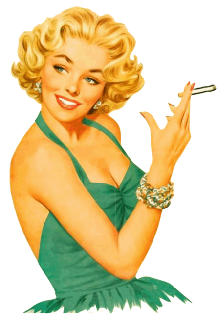 Woman 792872 1280 Triputi - Energieheilung für Mensch und Raum, Energetisches Feng Shui, Elementarkraft Metall, blonde, junge Frau im grünen Kleid raucht Zigarette, gemalte 50er-Jahre Werbung