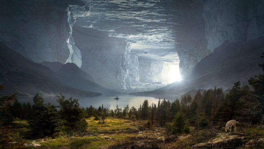 Triputi - Energieheilung für Mensch und Raum, Energetisches Feng Shui, Ist das schwarze Gold wirklich fossil?, animiertes Bild von einem Wald und See in riesiger Höhle, Grün- und Grautöne