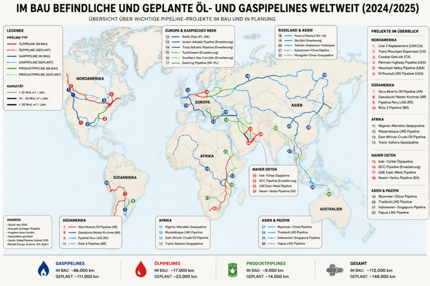 Triputi - Energieheilung für Mensch und Raum, Energetisches Feng Shui, Ist das schwarze Gold wirklich fossil?, Grafik von ChatGPT zu weltweit im Bau befindlichen Pipelines